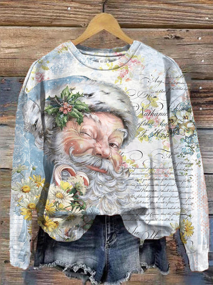 Women's Vintage Santa Print Crew Neck Long Sleeve Top