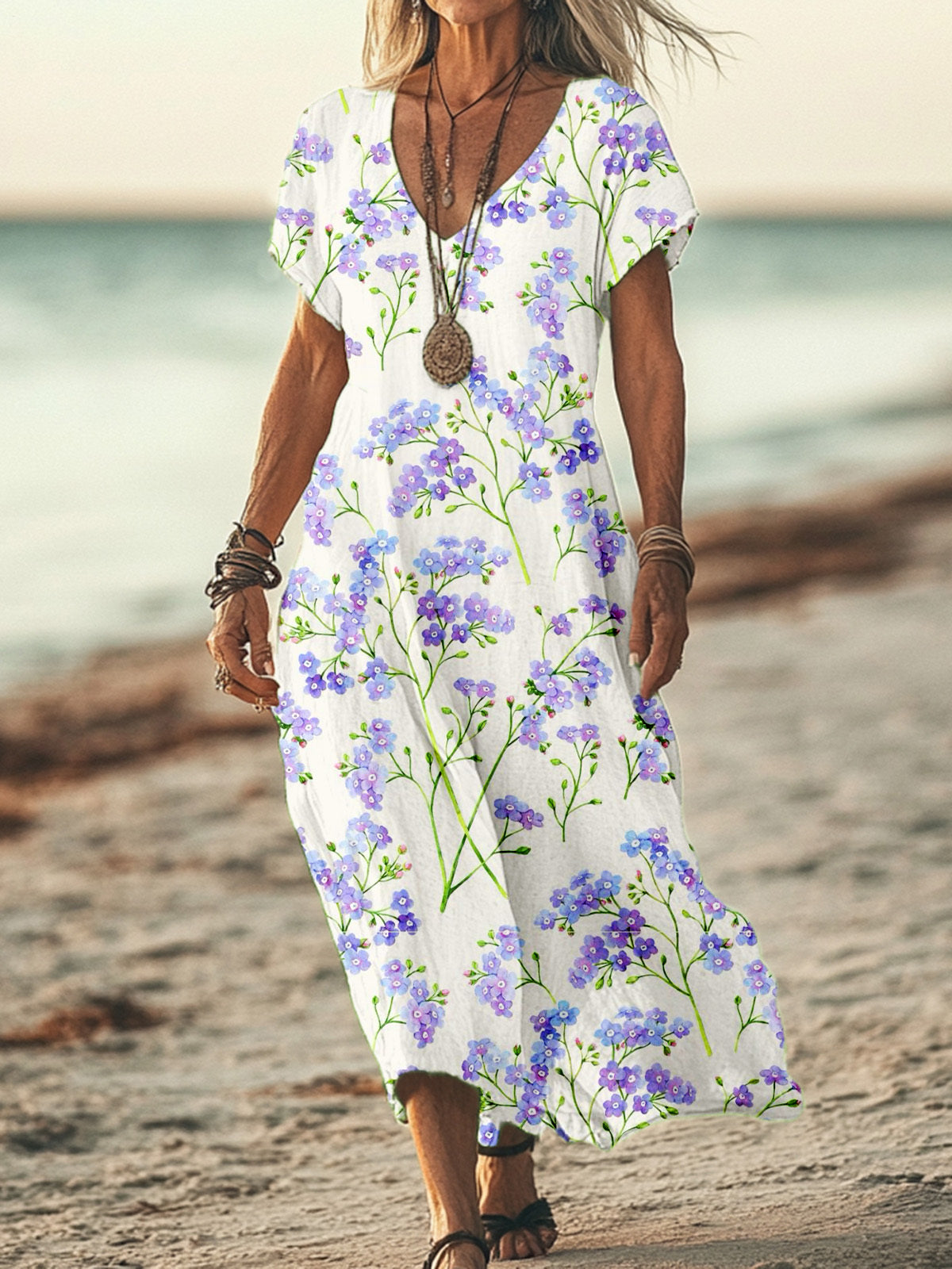 Floral Holiday Print V-neck Short Sleeved Long Dress