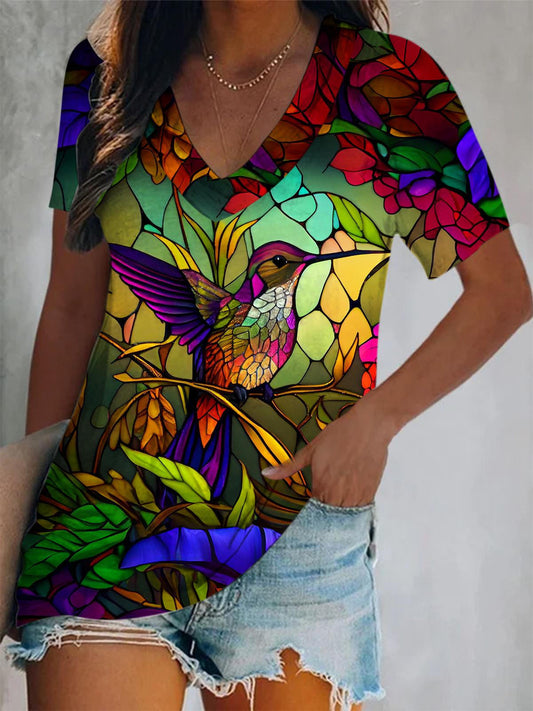 Stained Glass Colorful Hummingbird V Neck Print Top