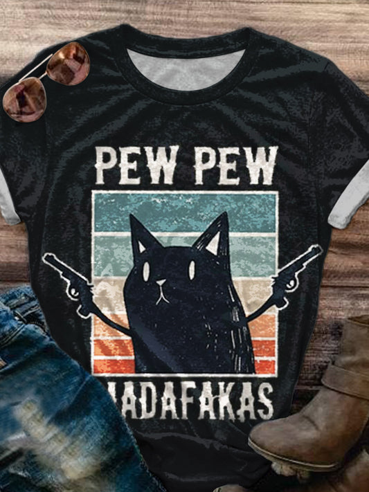 Pew Pew Madafakas Dark Cat Funny Print T-shirt