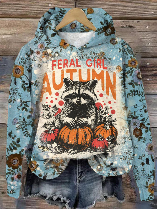 Feral Girl Autumn Raccoon Pumpkin Floral Print Long Sleeve Top