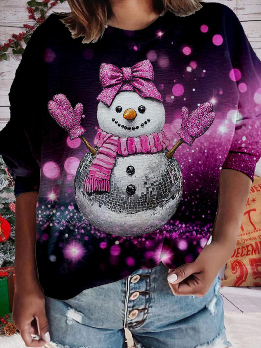 Women's Sparkling Snowman Printed Long Sleeve Casual Top