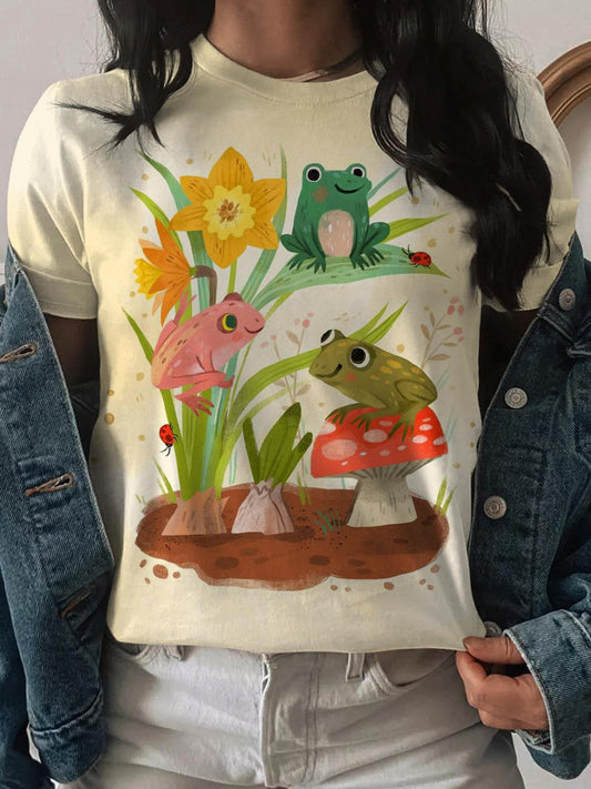 Cute Frogs Print Crew Neck T-shirt