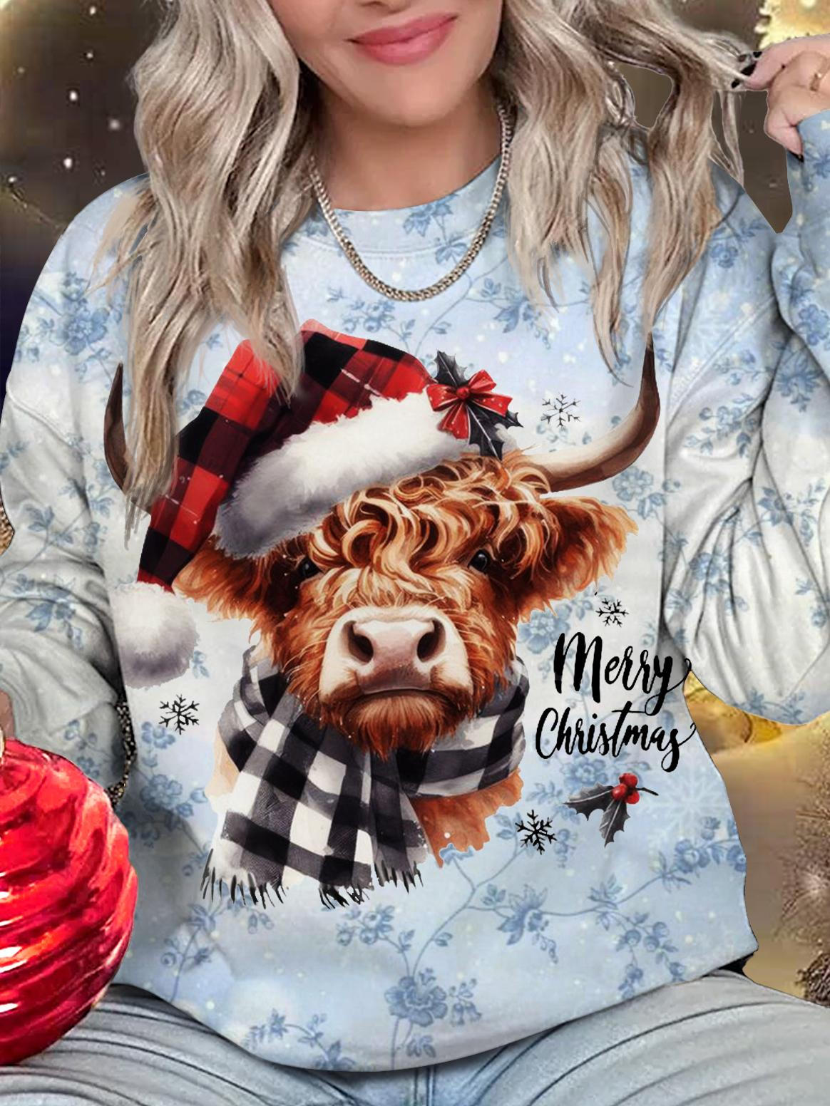 Merry Christmas Ox Winter Snowflake Print Long Sleeve Top