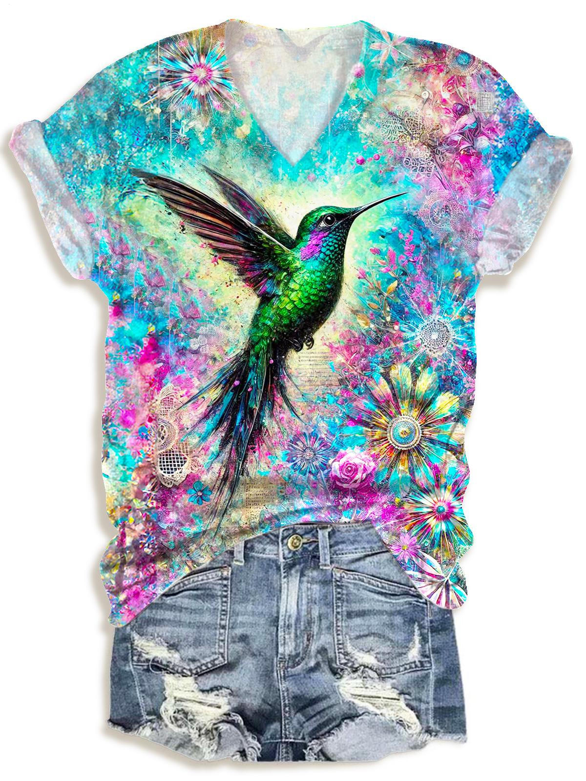 Floral Hummingbird Print V-neck T-Shirt