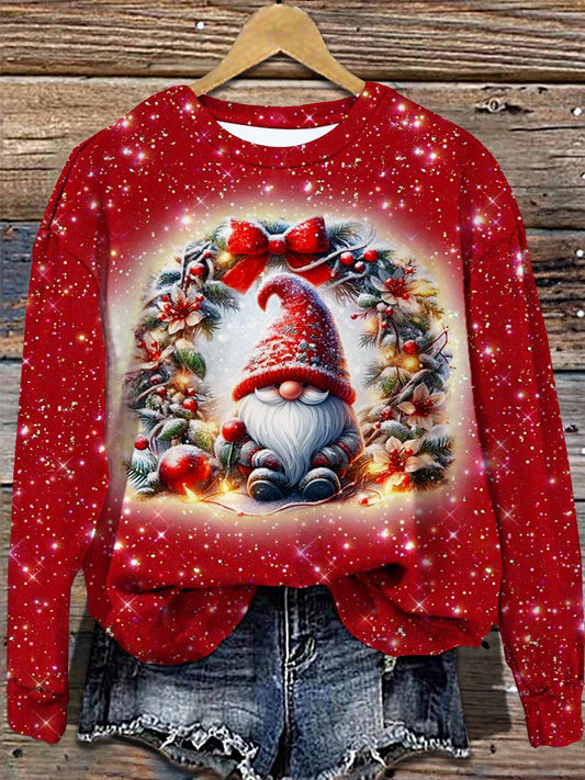 Women's Christmas Cute Gnome Print Round Neck Long Sleeve Top