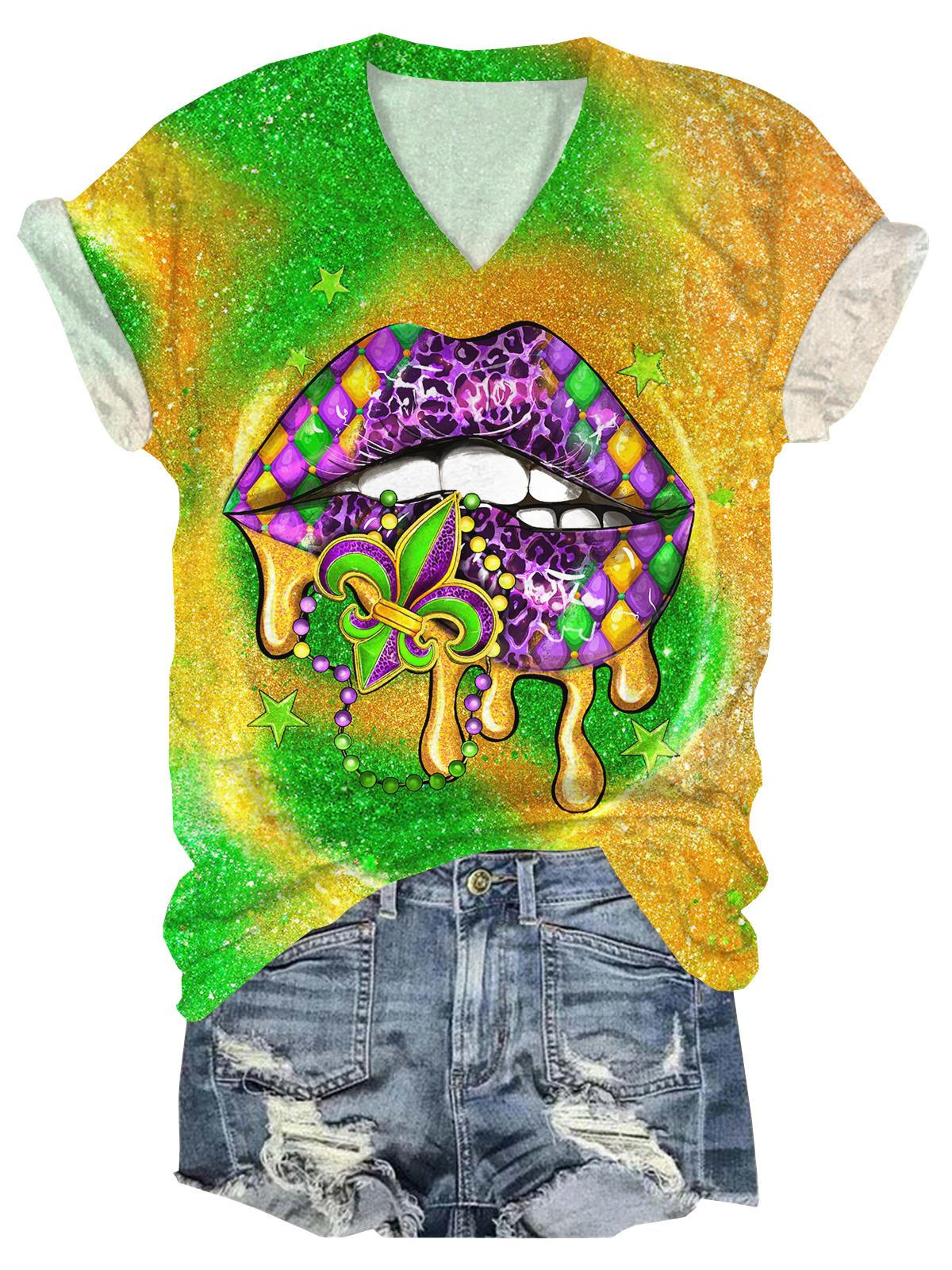 Mardi Gras Glitter Lip Print V-Neck Short Sleeve T-Shirt