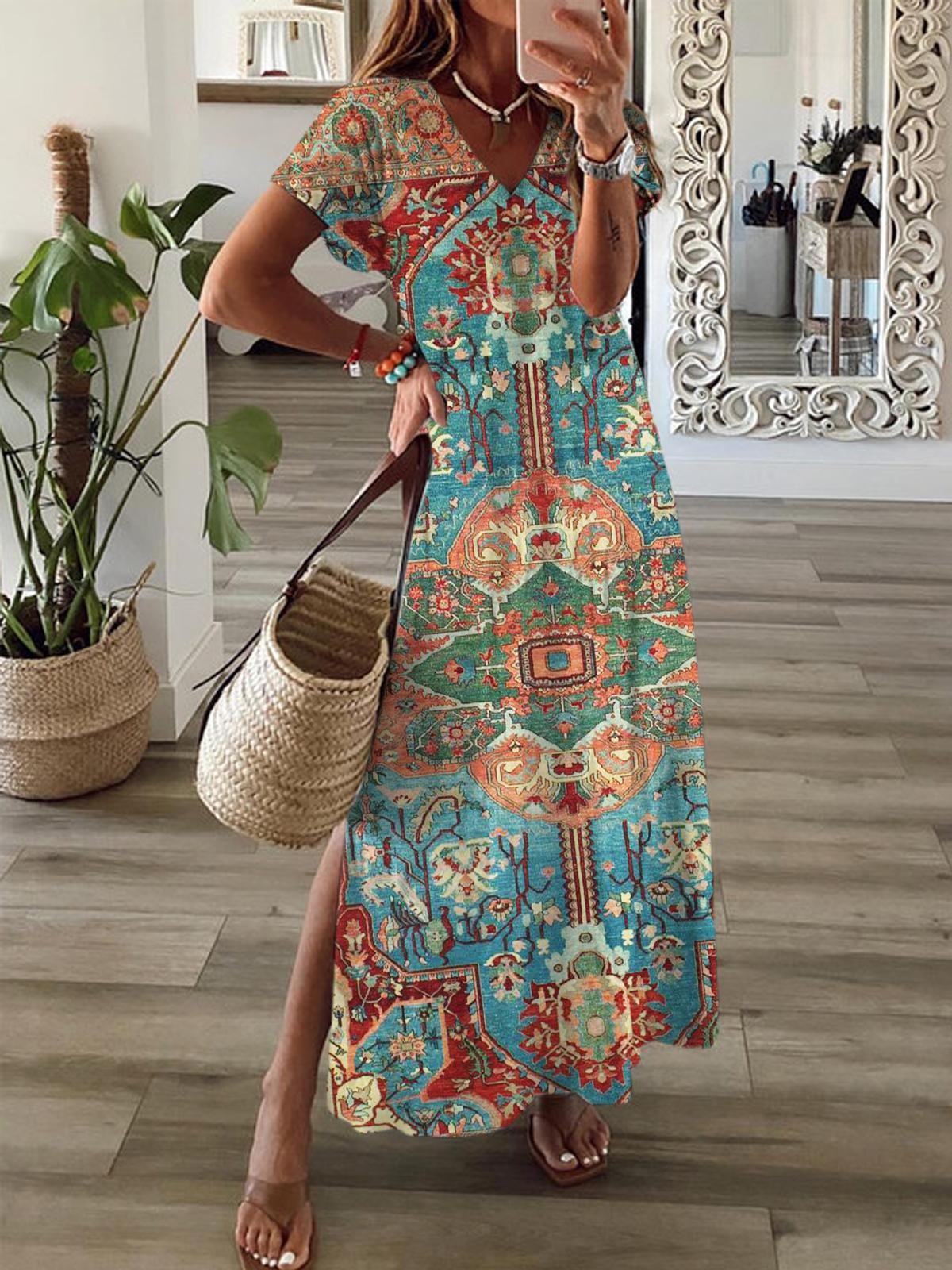 Vintage Pattern Short Sleeve V Neck Maxi Dress