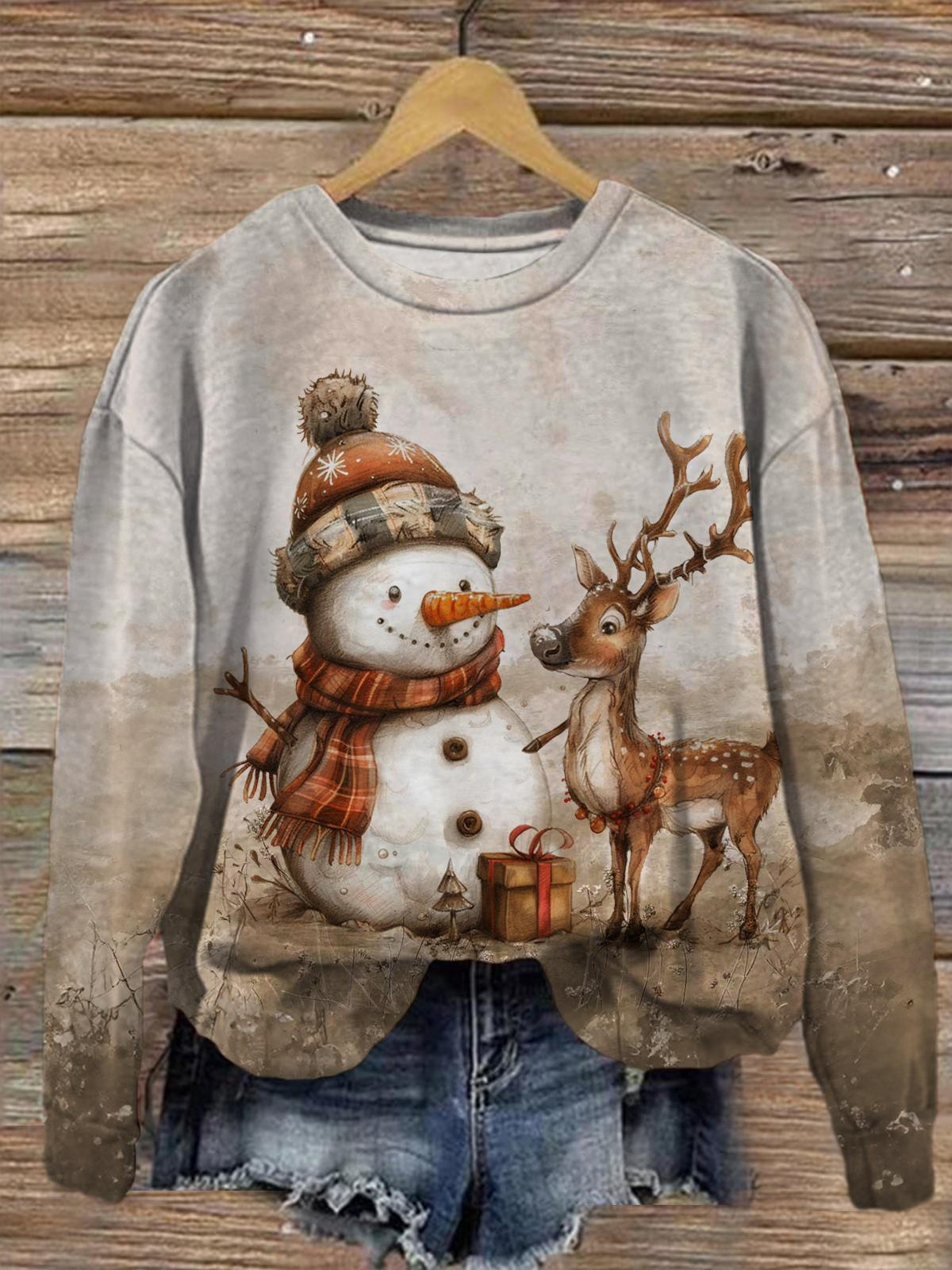 Retro Reindeer And Snowman Round Neck Long Sleeve Top