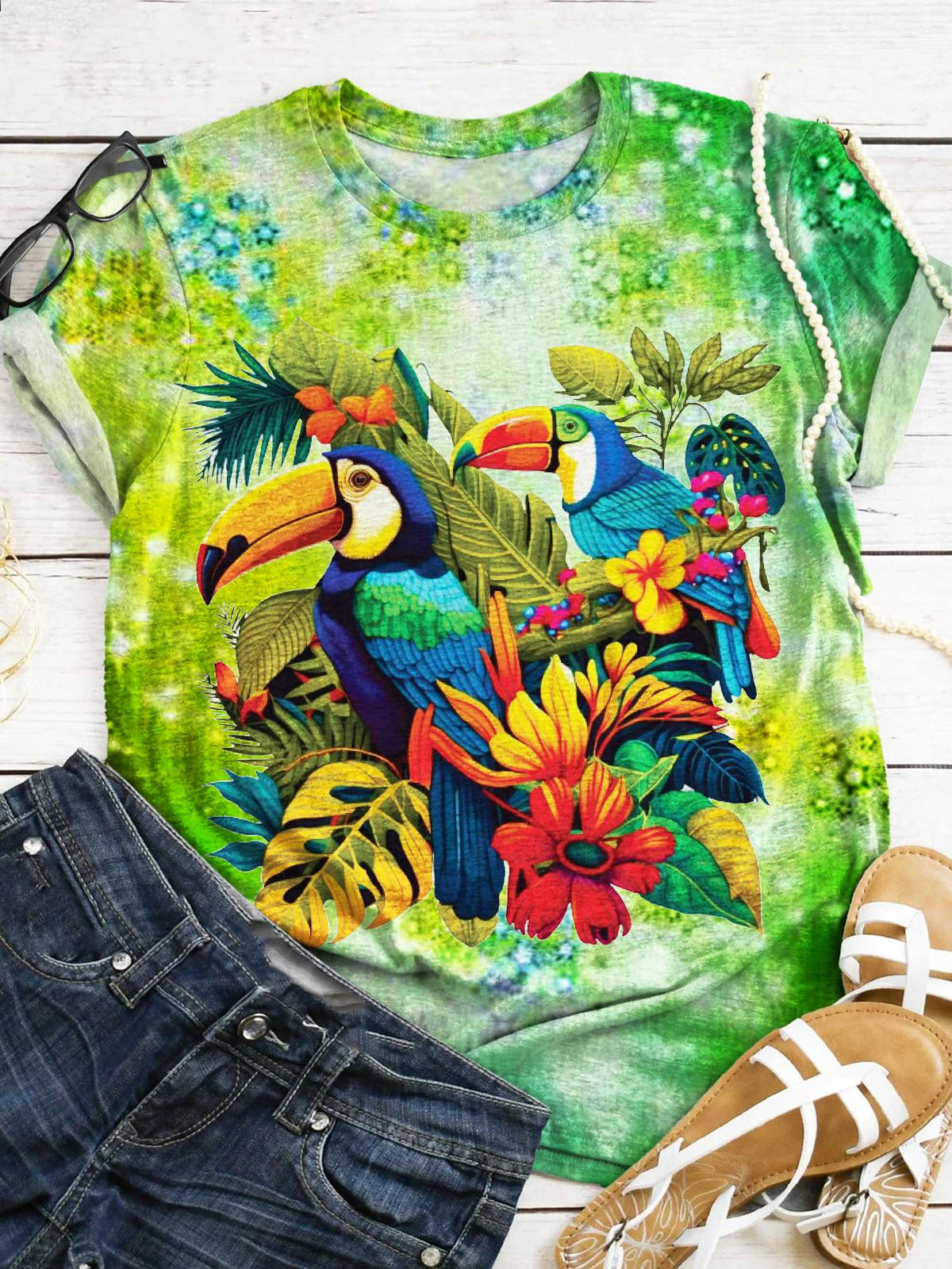 Women's Casual Holiday Atmosphere Bird Plant Print T-shirt