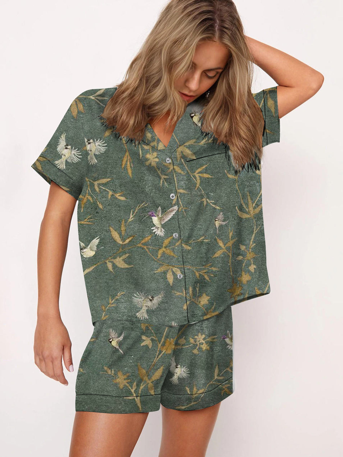 Women's Retro Floral Print Short Sleeve Shorts Summer Pajama Set