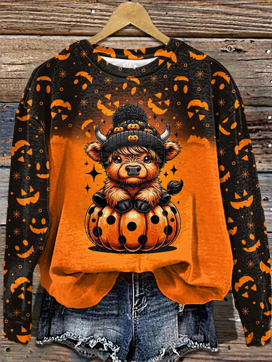 Women's Halloween Highland Cow Pumpkin Print Crew Neck Casual Sweatshirt