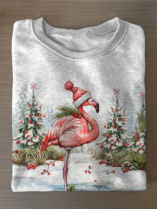 Christmas Flamingo Printed Long Sleeve Casual Top