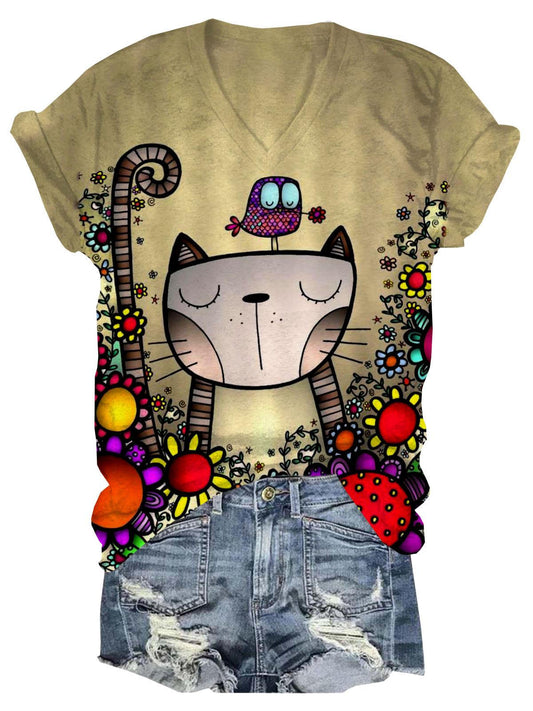 Cat Bird Floral Print V Neck T-Shirt