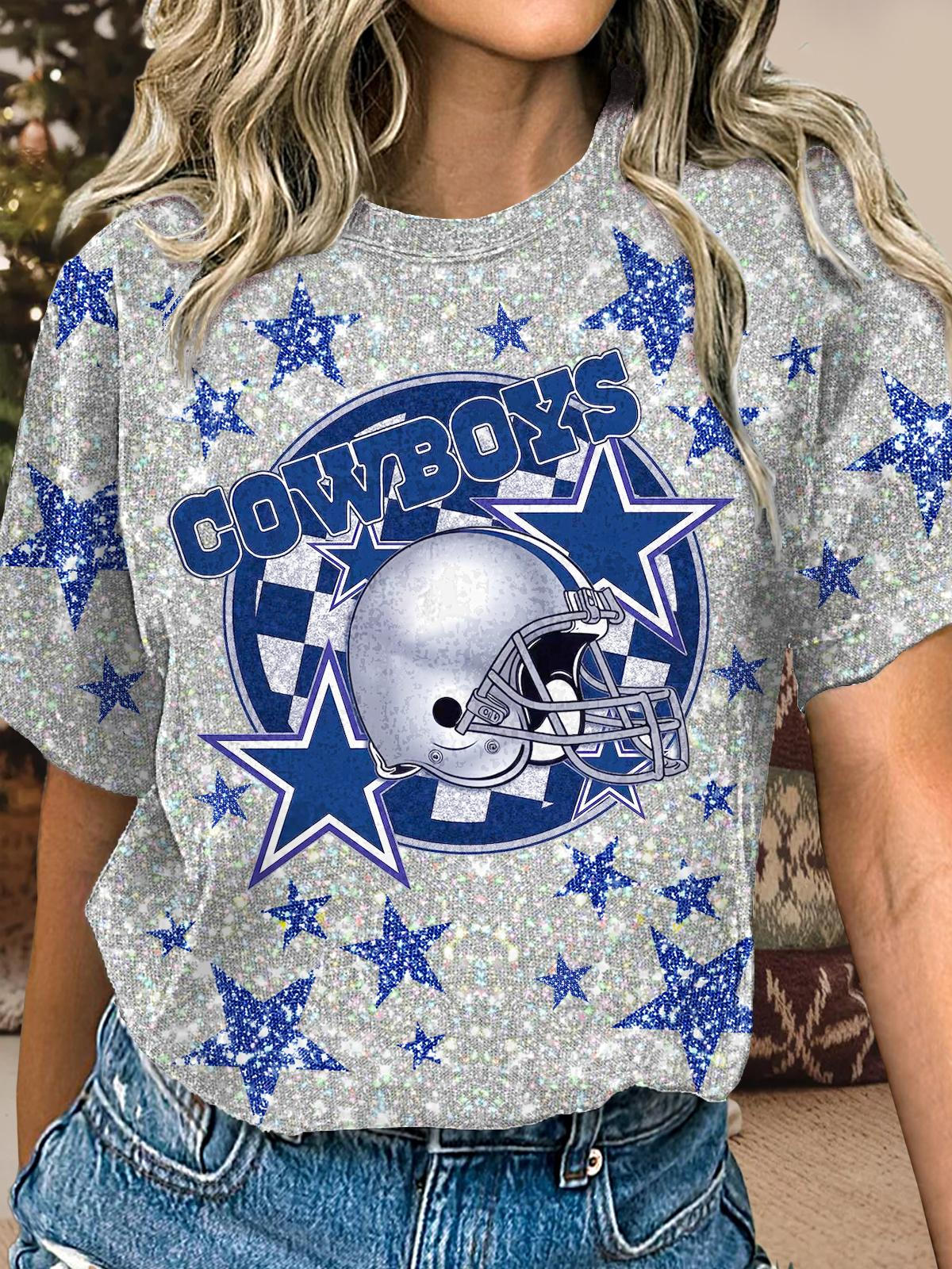 Women's Football Game Flash Plaid Cowboys Crew Neck T-shirt