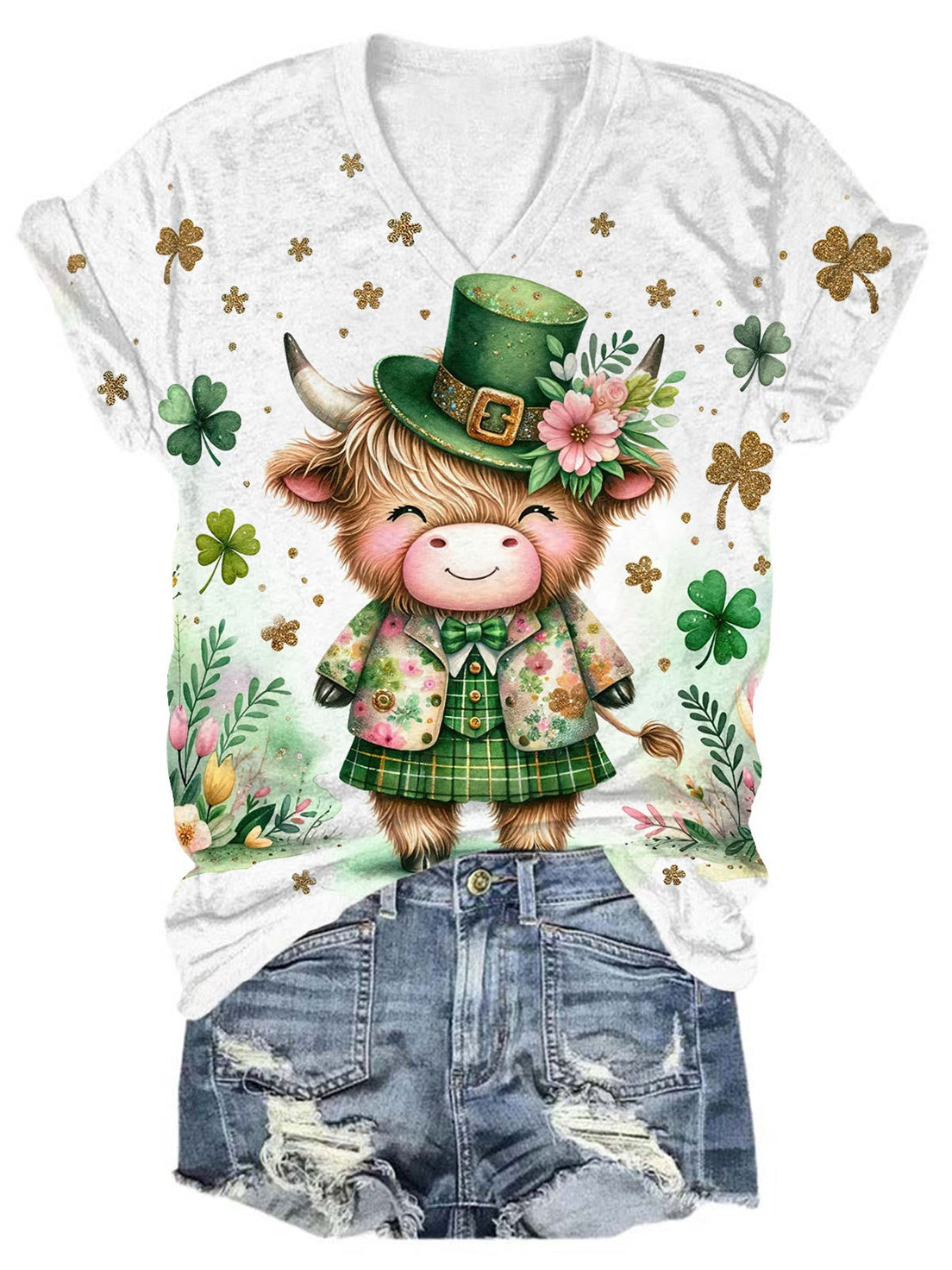 St Patrick's Day Highland Cow Print V-Neck T-Shirt