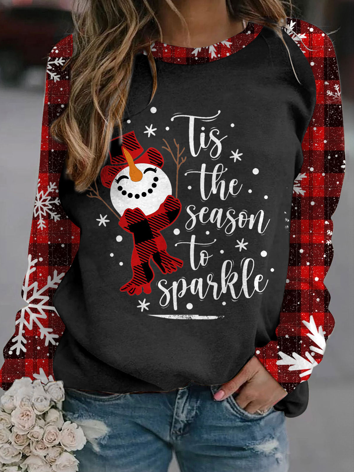 Christmas Snowman Tis The Season to Sparkle Long Sleeve Casual Top