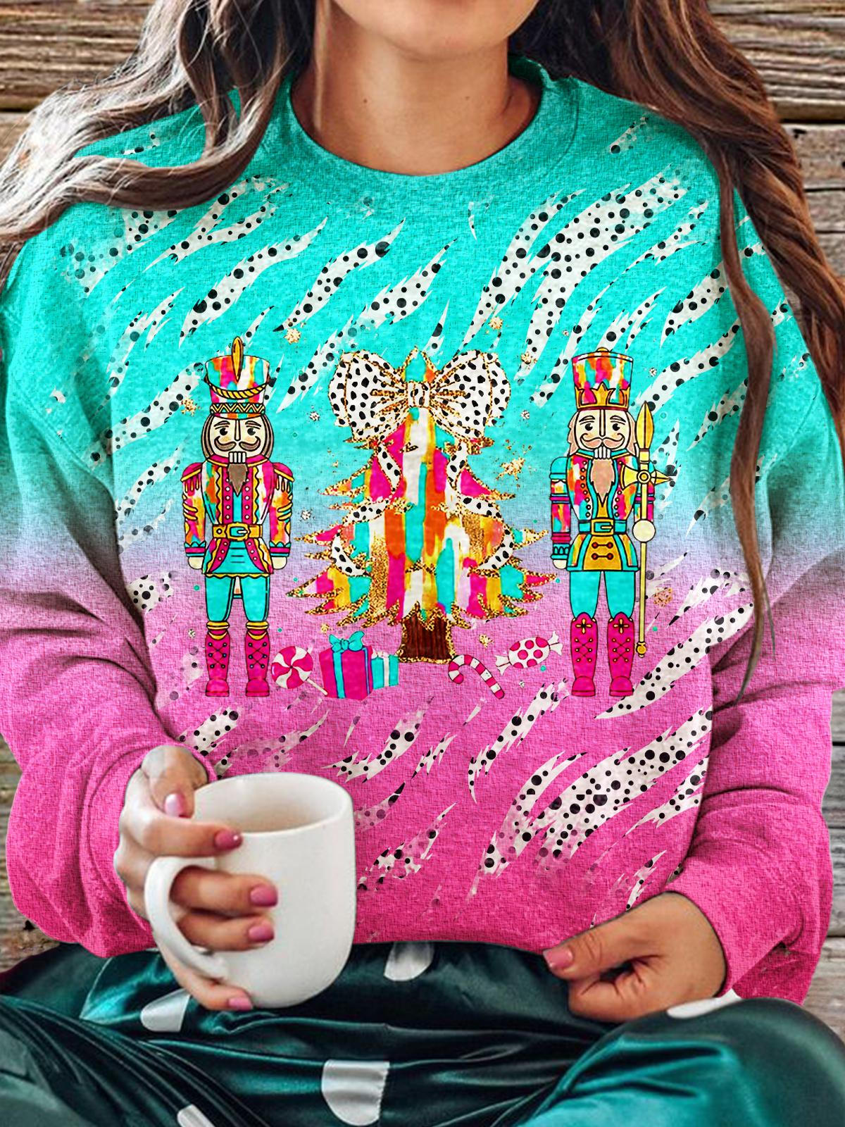 Women's Glitter Christmas Tree Nutcracker Crew Neck Casual Sweatshirt