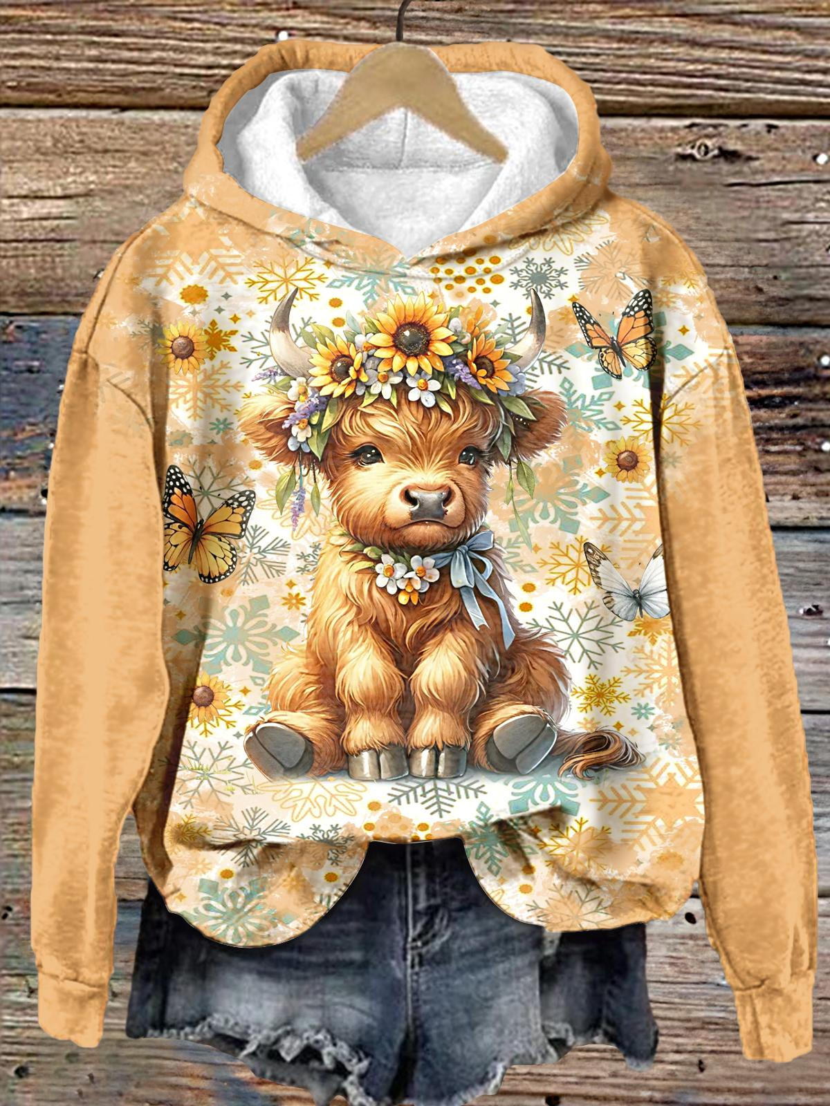 Winter Highland Cow Snowflake Long Sleeve Printed Hoodie