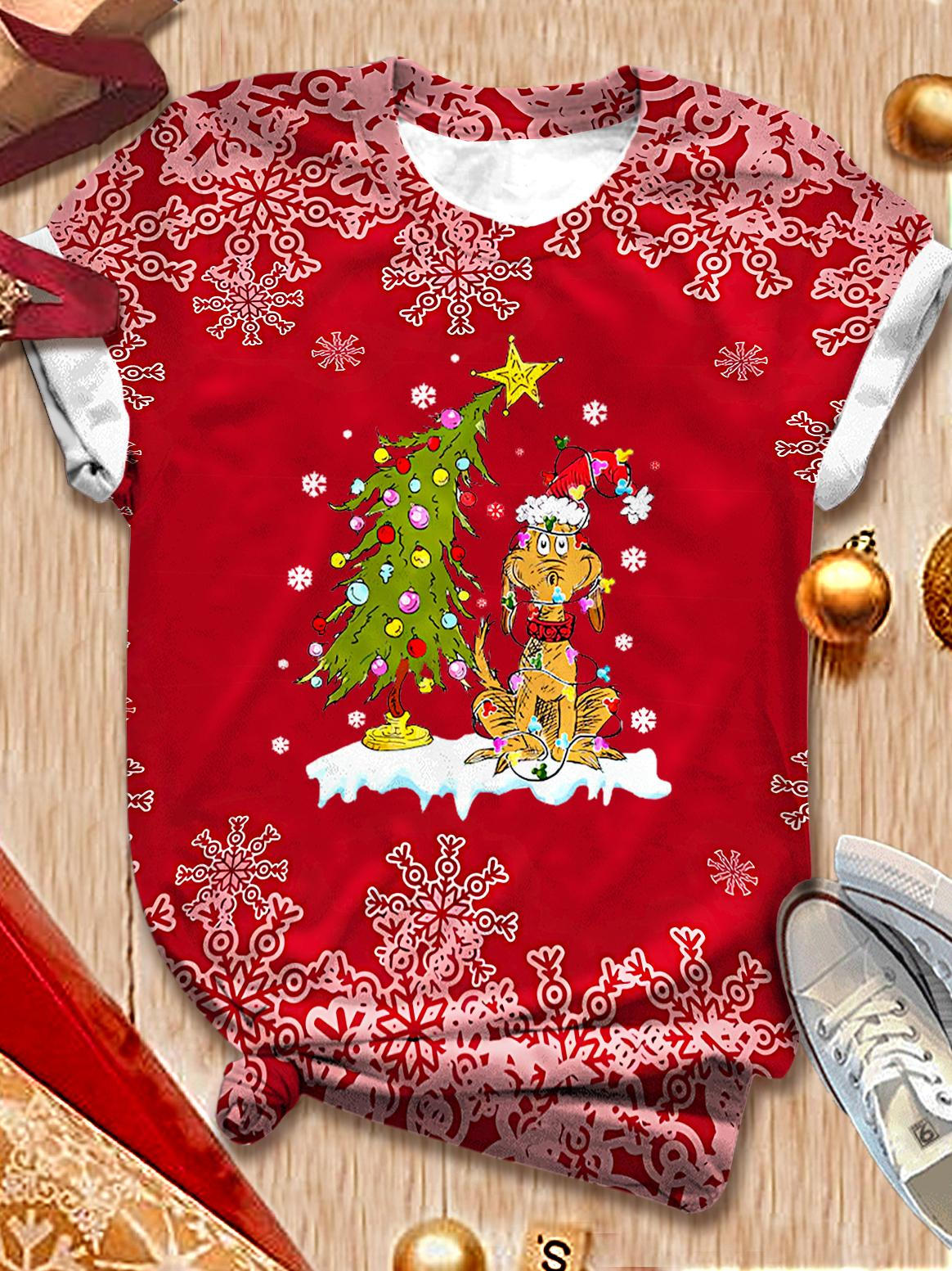 Women's Christmas Tree Puppy Print Crew Neck T-shirt