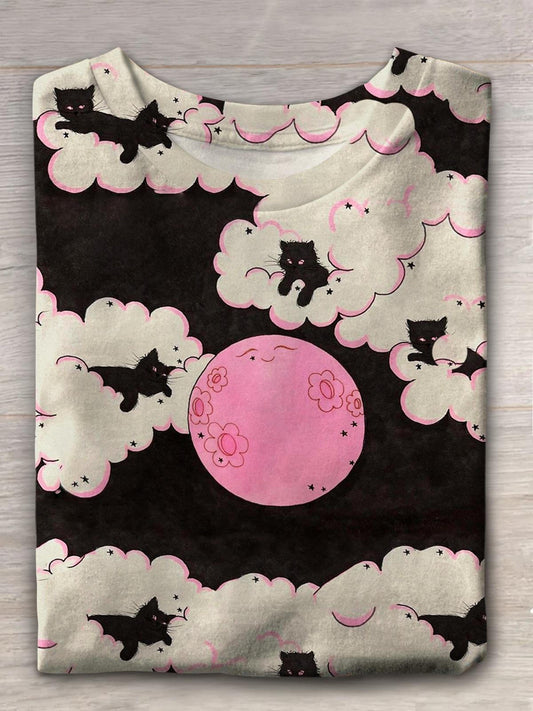 Women's Cute Cat Cartoon Moon Print Casual T-shirt