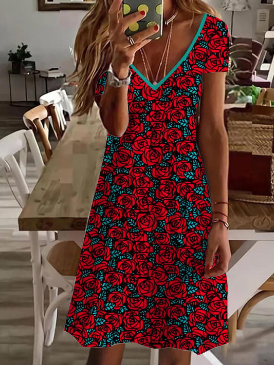 Flower V Neck Short Sleeve Dress