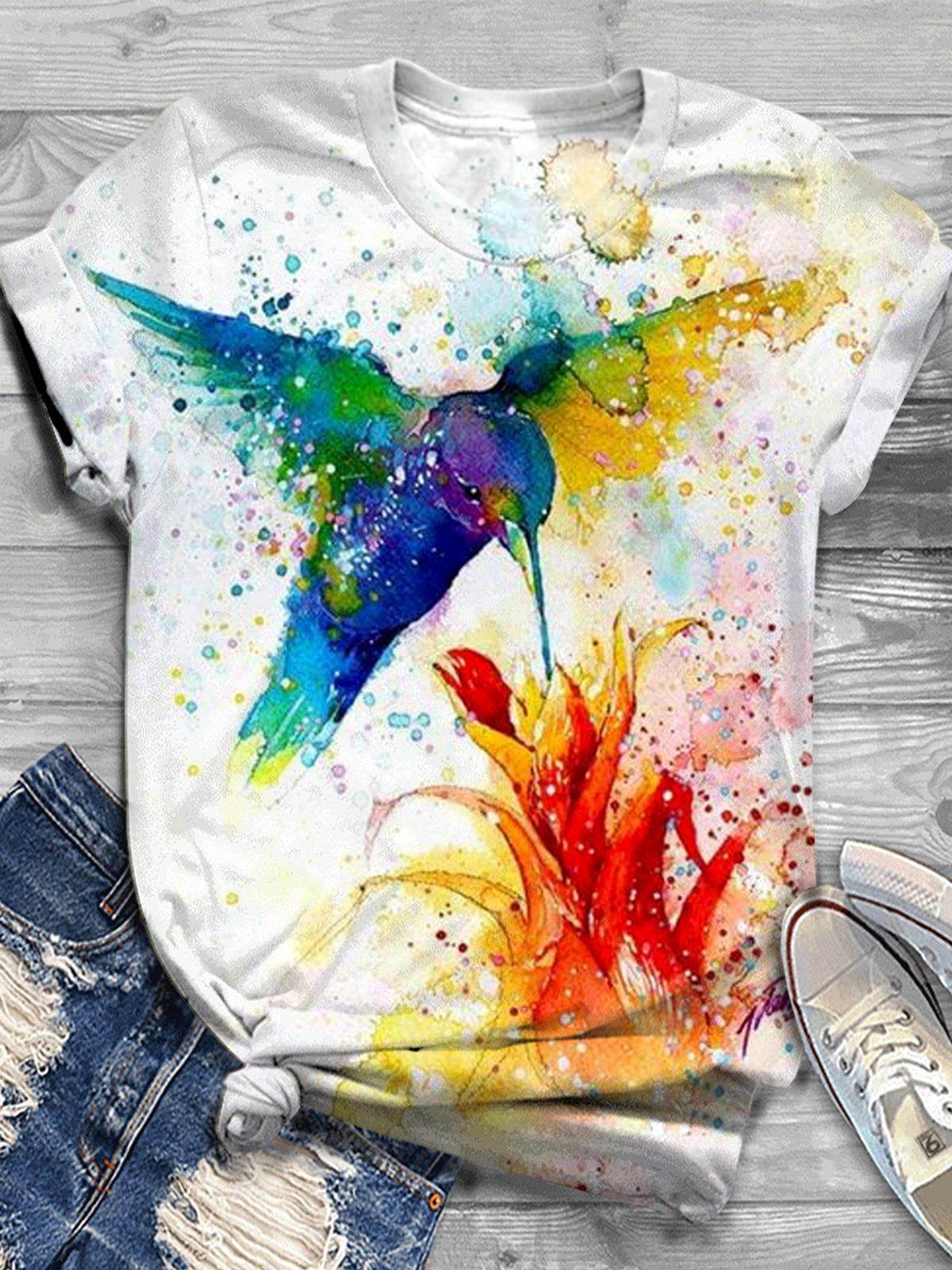 Bird Hummingbird Flower Crew Neck T-Shirt