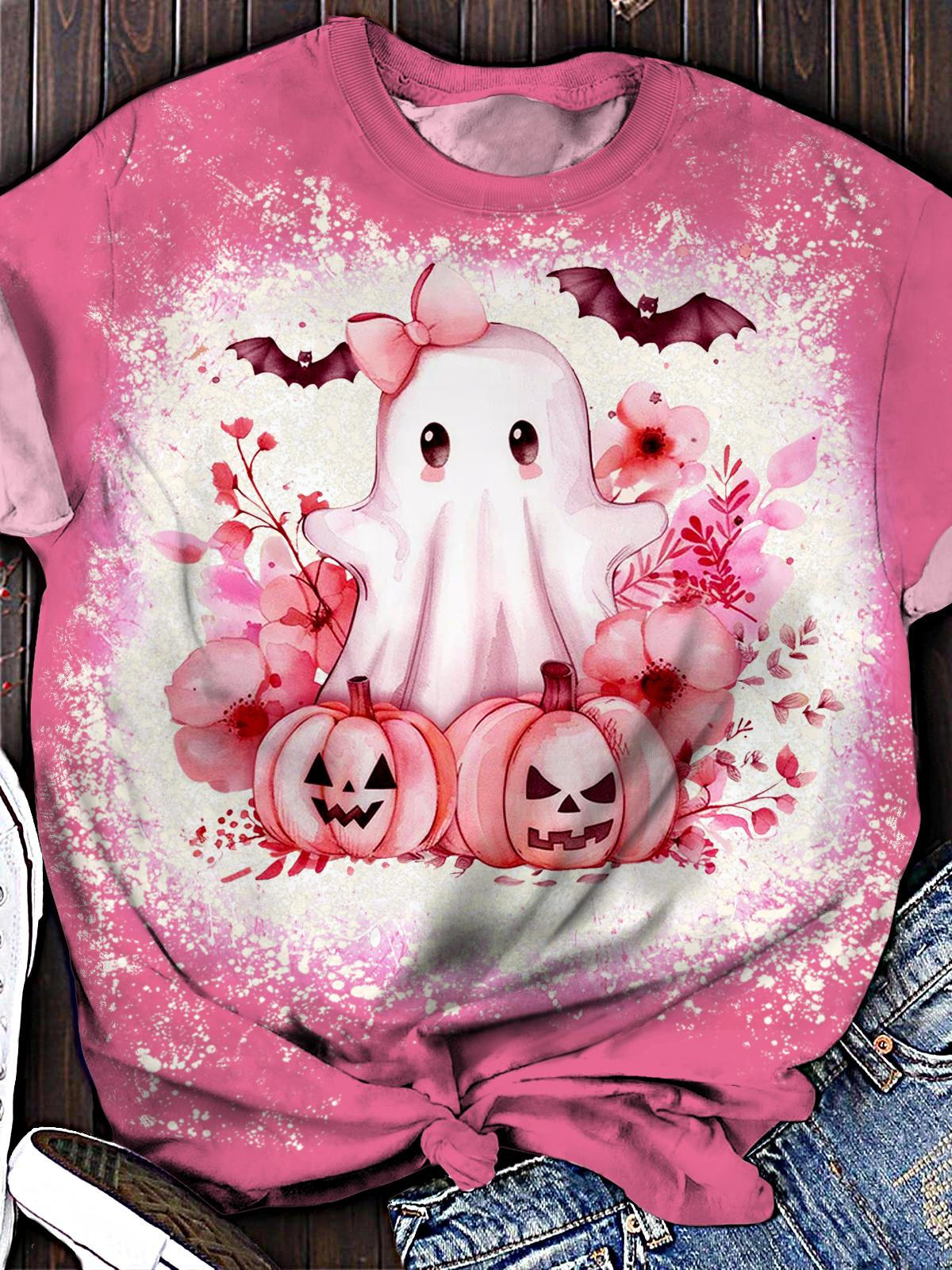 Women's Halloween Pumpkin Cute Ghost Crew Neck T-shirt