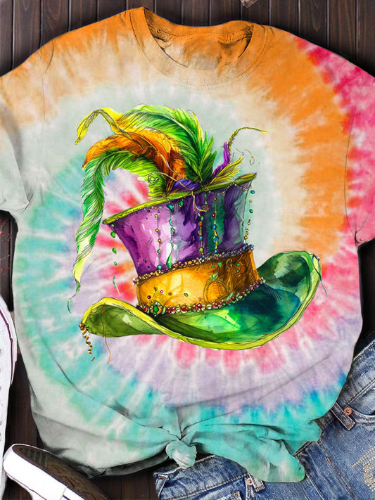 Mardi Gras Party Hat Tie Dye Print Casual T-Shirt