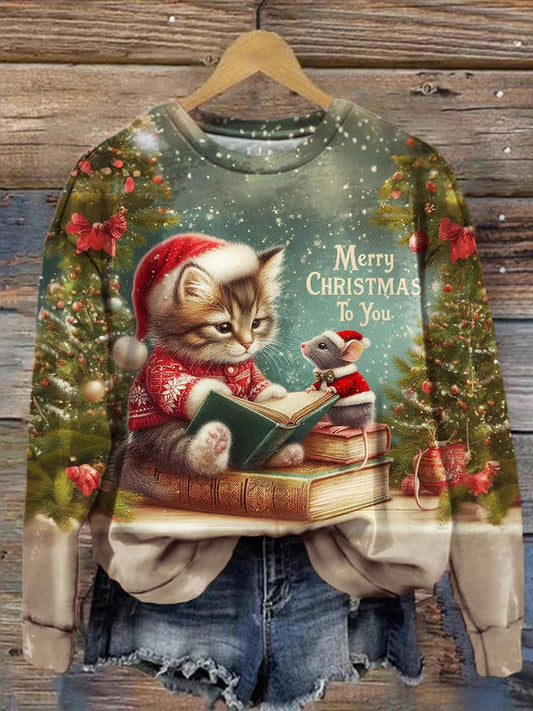 Merry Christmas To You Reading Vintage Print Long Sleeve Top