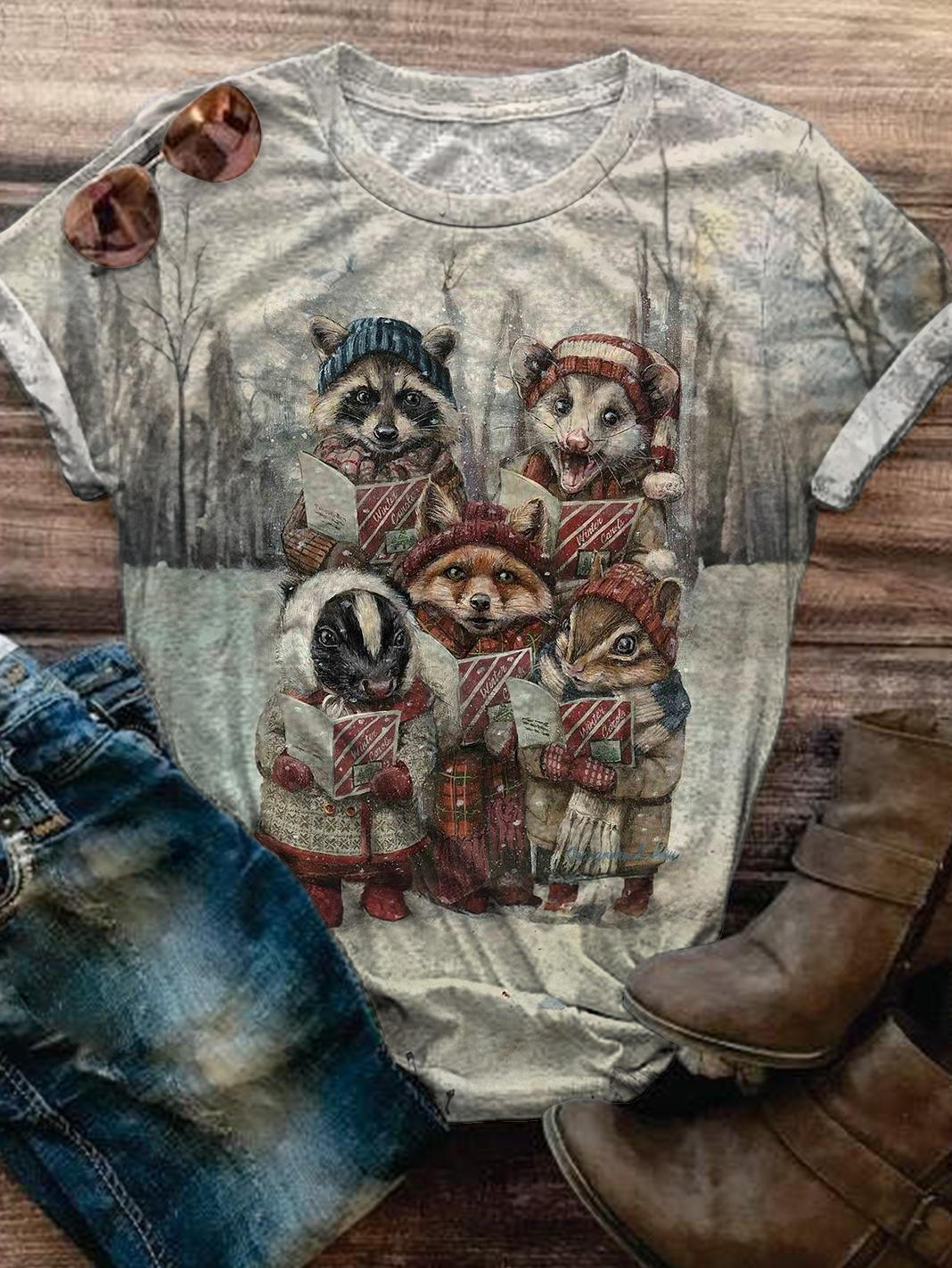 Women's Possum Raccoon Christmas Crew Neck T-shirt