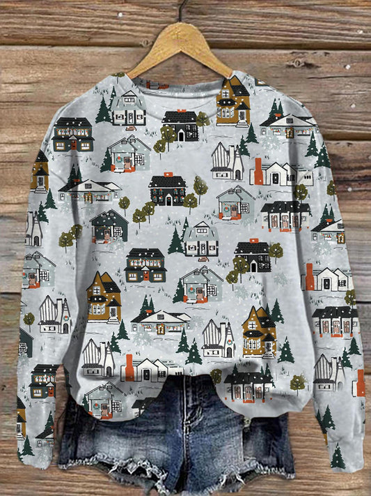 Snow-covered House Illustration Print Crew Neck Long-Sleeved Top