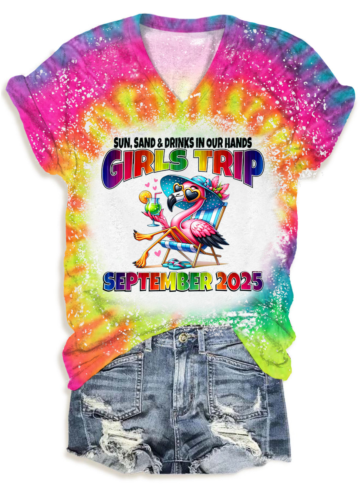 Girl Trip 2025 Flamingo Vacation V-Neck T-Shirt