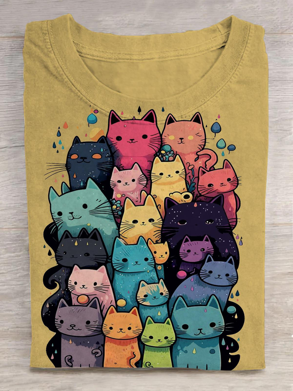 Cute Cat Colorful Retro Illustration Print Casual T-shirt