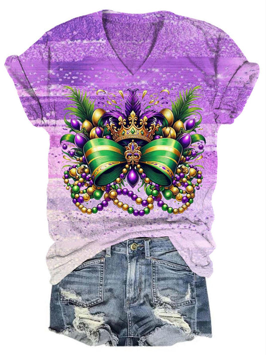 Mardi Gras Happy Holidays Bow Crown Gradient Print T-shirt