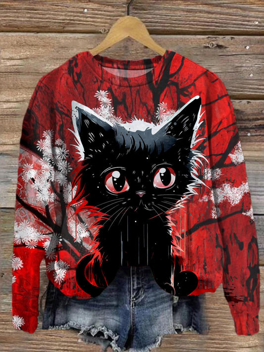 Women's Halloween Dark Cat Round Neck Long Sleeve Top