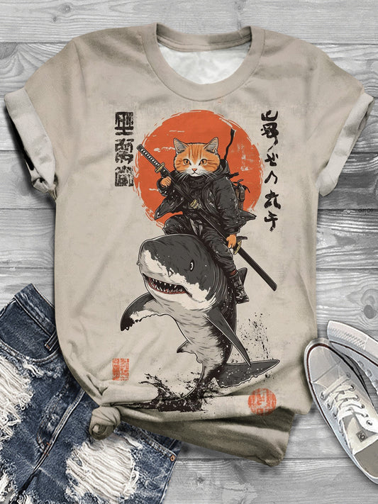 Cute Cat Warrior Shark Knight Fun Vintage Print T-shirt