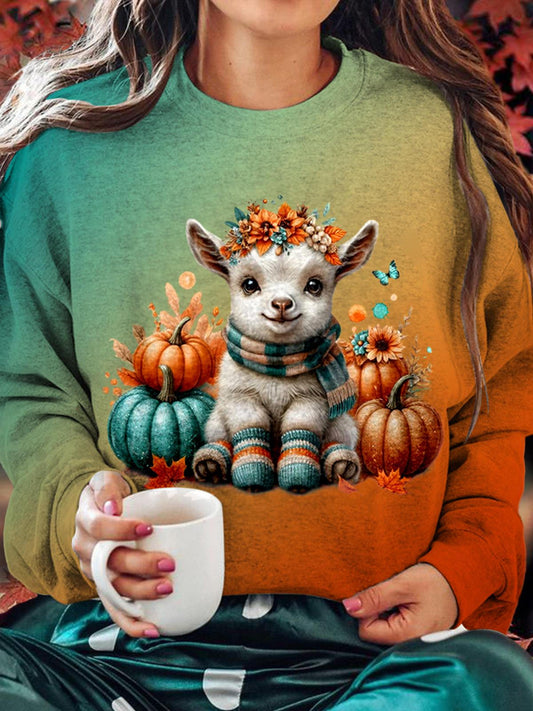 Cute Fall Goat Printed Long Sleeve Casual Top