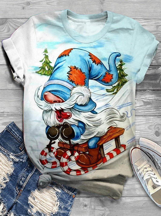 Women's Ski Gnome Print Crew Neck Short Sleeve T-Shirt