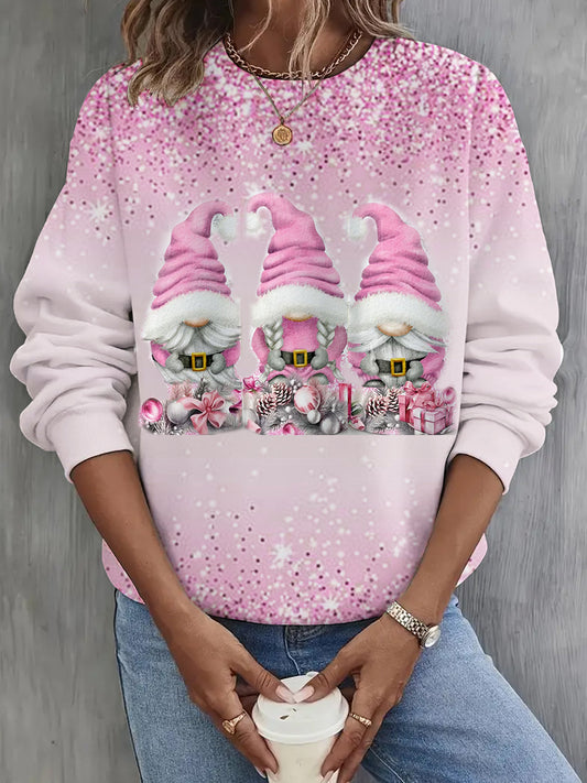 Pink Christmas Gnomes Print Long Sleeve Casual Top