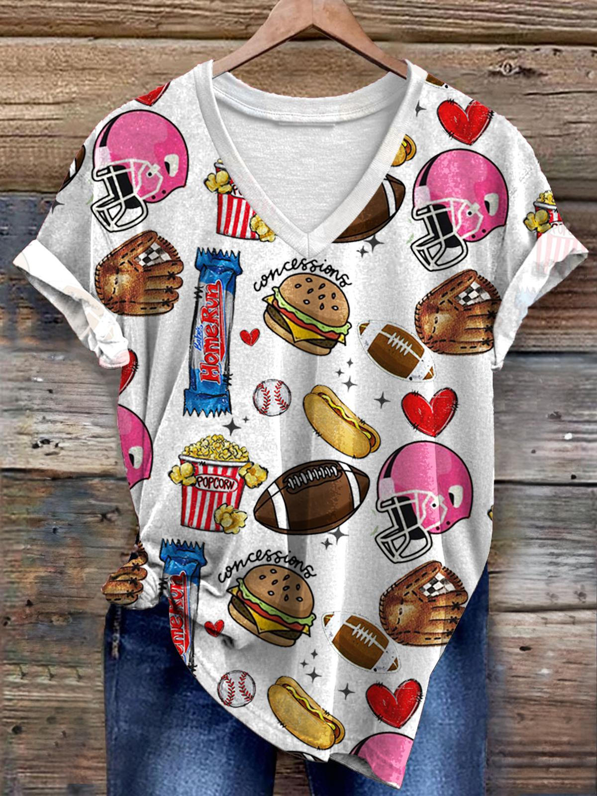 Football Props Hamburger Popcorn Illustration Fun Print T-shirt