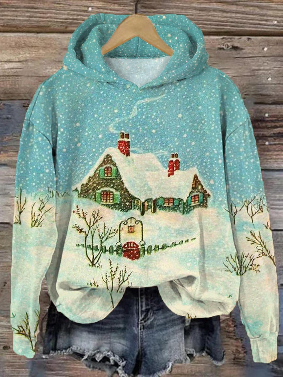 Women's Winter Snow House Christmas Print Casual Long Sleeve Top