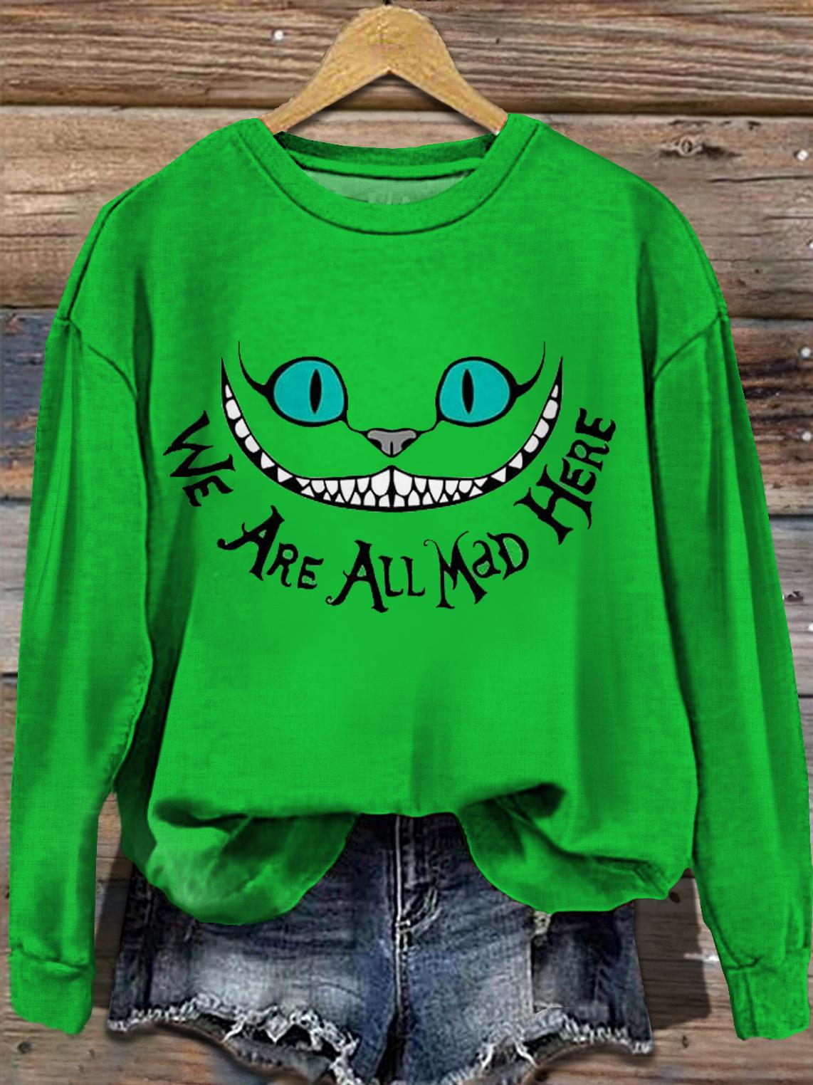 Women's Halloween Ellie In Wonderland Smiling Cat Round Neck Long Sleeve Top