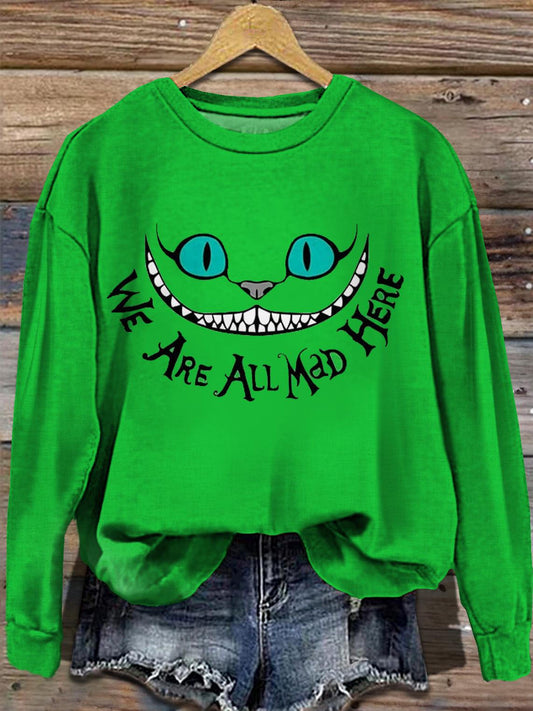 Women's Halloween Ellie In Wonderland Smiling Cat Round Neck Long Sleeve Top