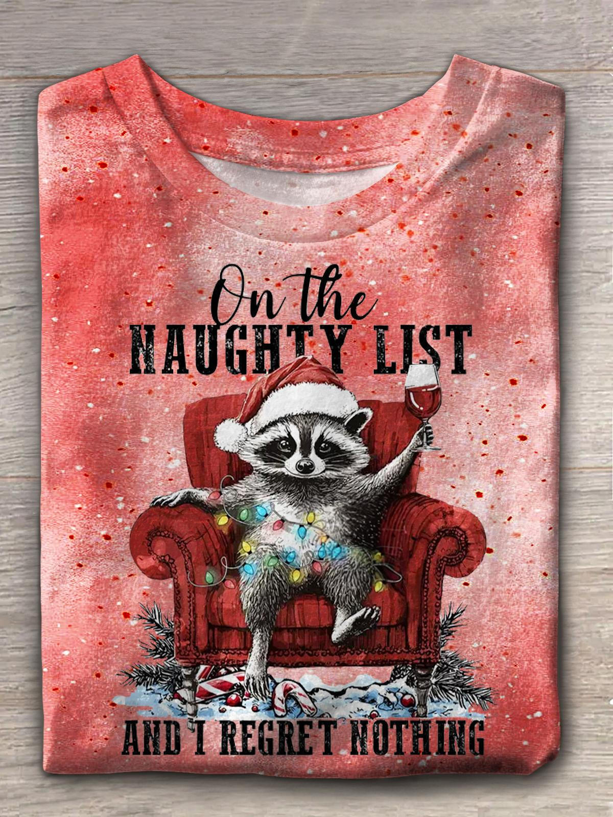 Fun Christmas Raccoon Print Crew Neck T-shirt