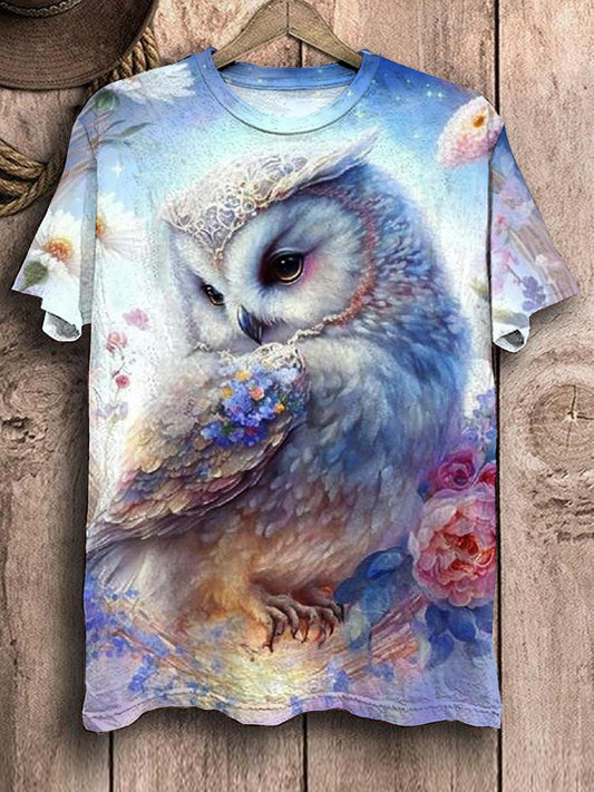 Women's Summer Cute Owl Retro Short Sleeve Round Neck T-Shirt