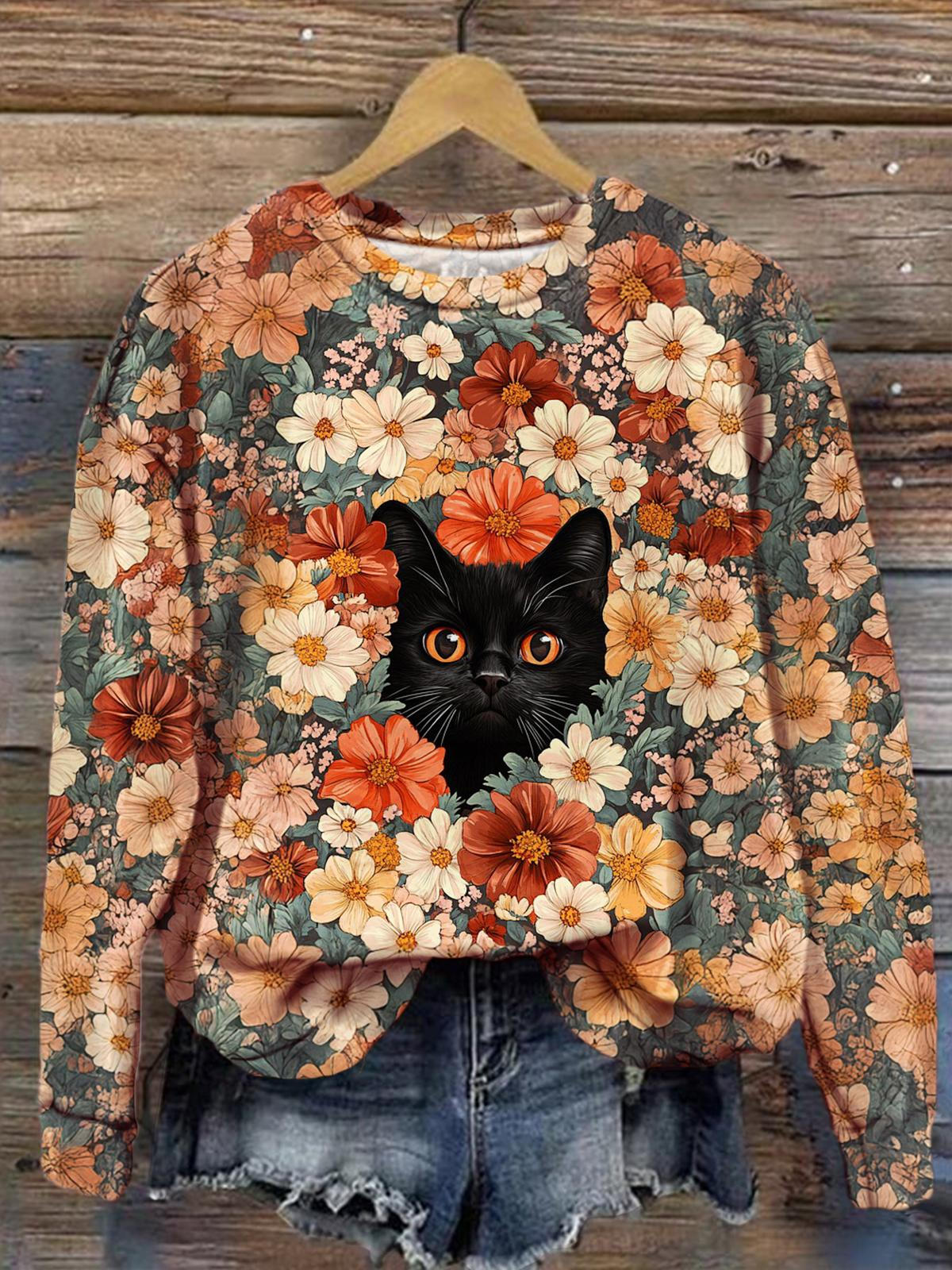 Summer Cute Cat Floral Spring Fun Print Long Sleeve Top