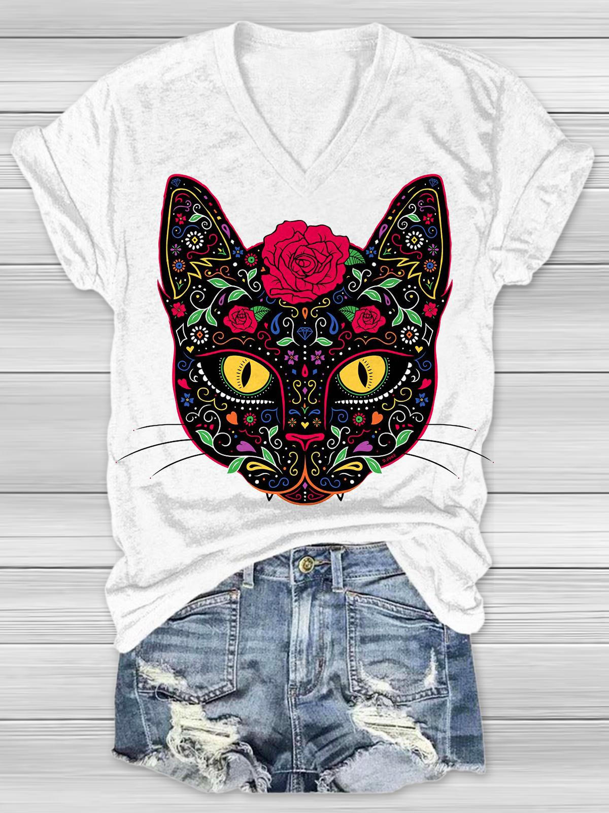 Day of the Dead Kitty Cat Sugar Skull Print T-Shirt