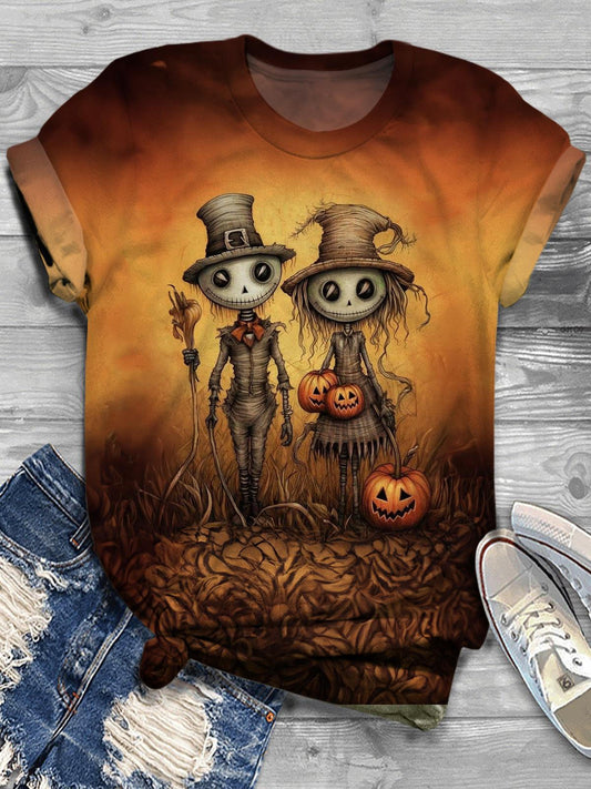 Women's Halloween Scarecrow Fun Gradient Print Round Neck T-Shirt