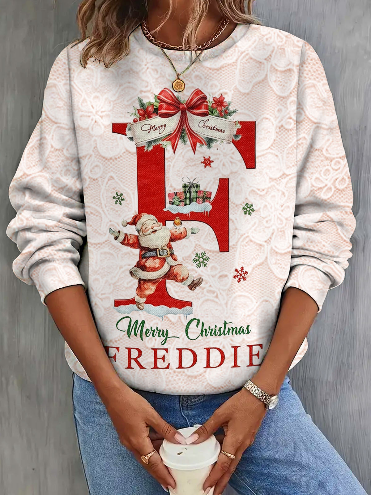 Merry Christmas Freddie Faux Lace Print Long Sleeve Top